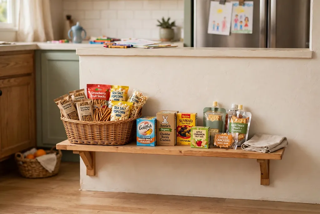 Low kitchen snack shelf at child height holding a basket of snacks.
