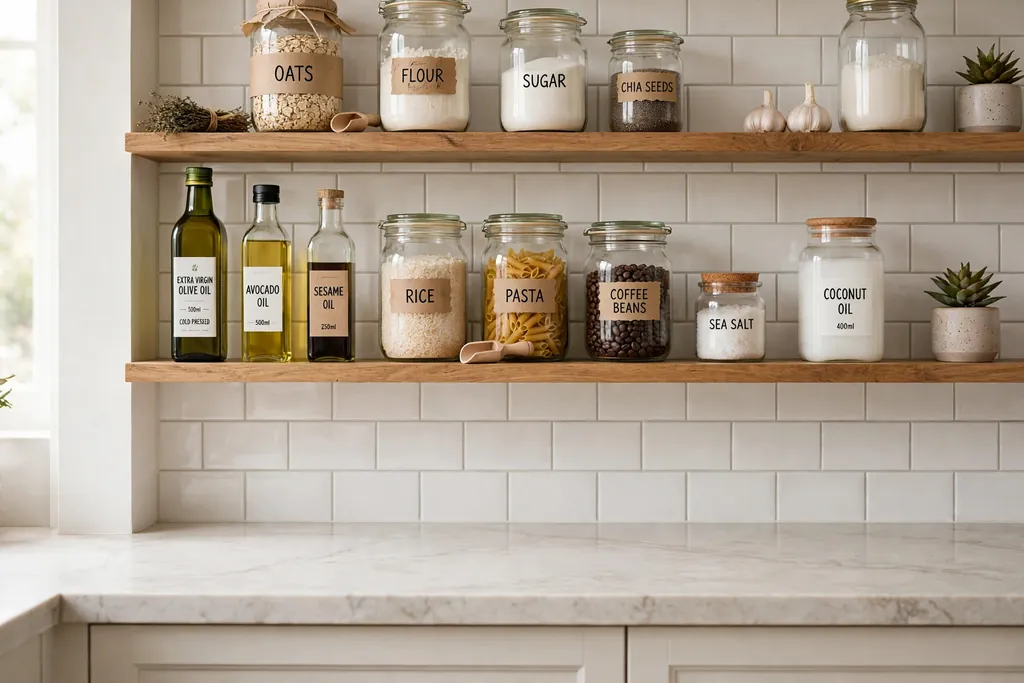 Pantry shelves above a kitchen countertop holding daily jars and cooking oils.