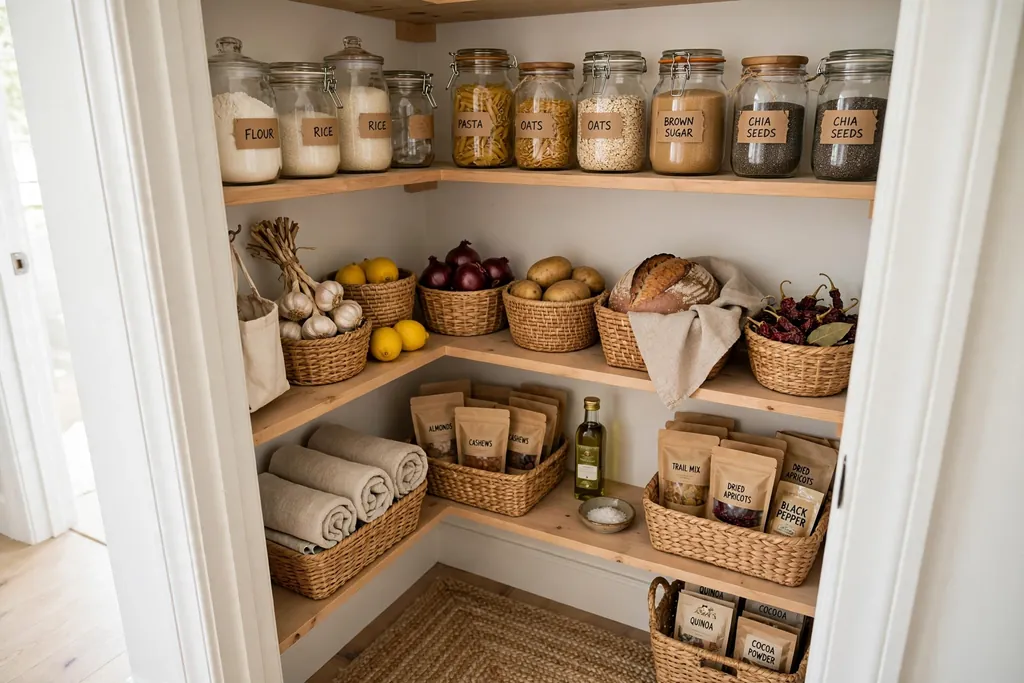 Shelf-lined pantry closet with open shelves holding jars and food baskets.