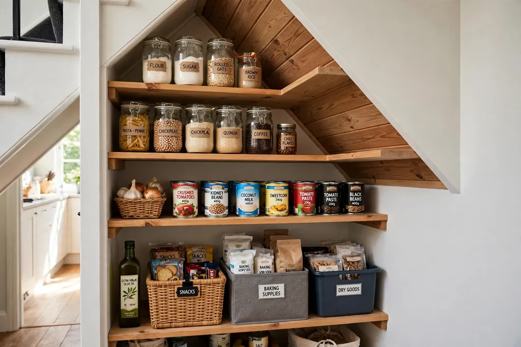 Under-stair pantry shelves fitted to a sloping ceiling holding jars and bins.