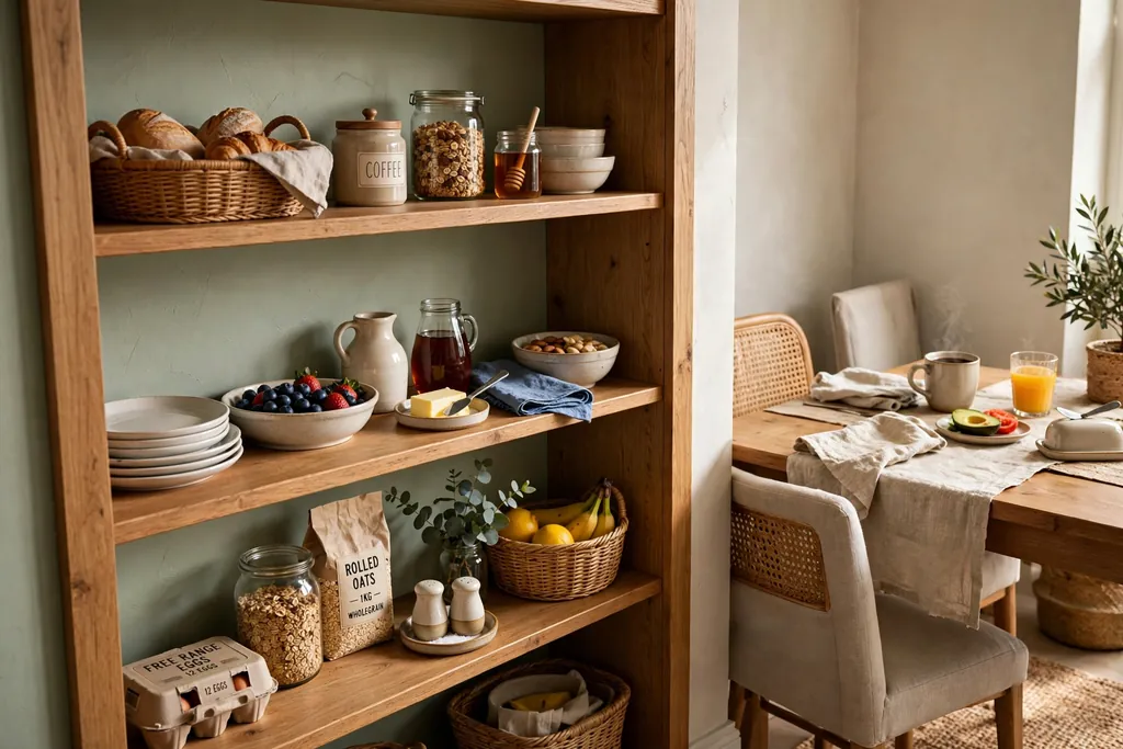 Pantry shelves in an eat-in dining corner holding breakfast food and serving dishes.