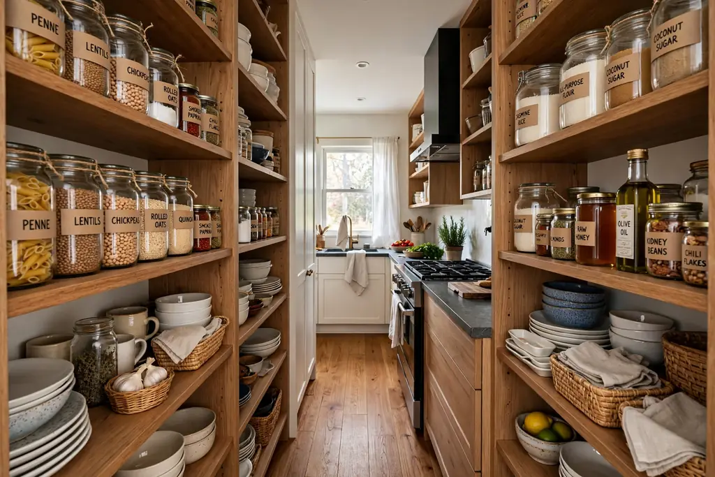 Galley kitchen with pantry shelves on two facing walls holding food and dishes.