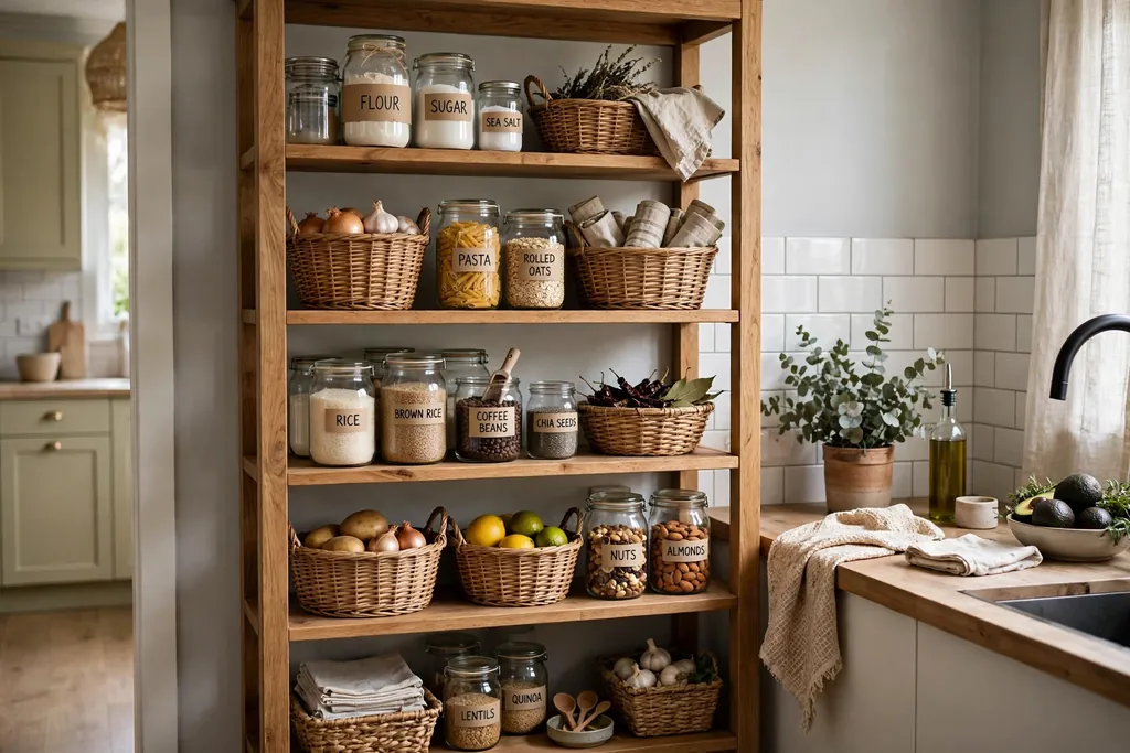 Freestanding pantry shelving unit in a kitchen holding jars and baskets.