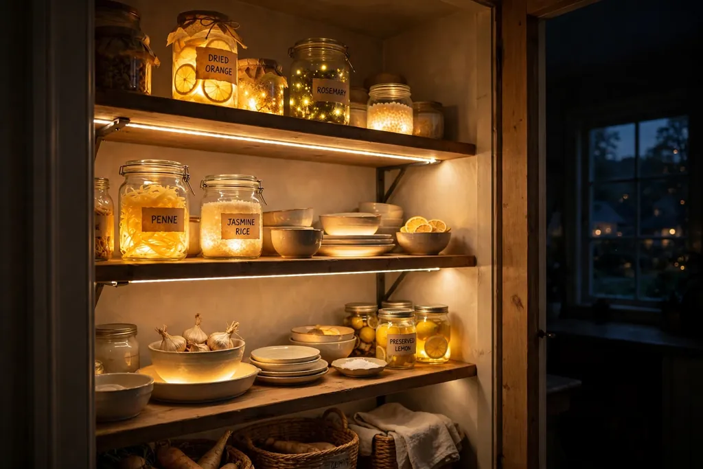 Kitchen pantry shelves lit by warm LED strips under each shelf.