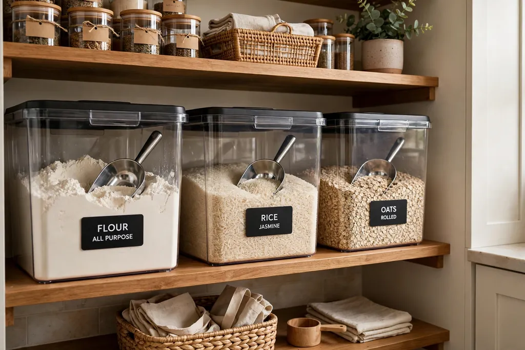 Bulk bin pantry shelves holding large clear bins of flour, rice, and oats with scoops.