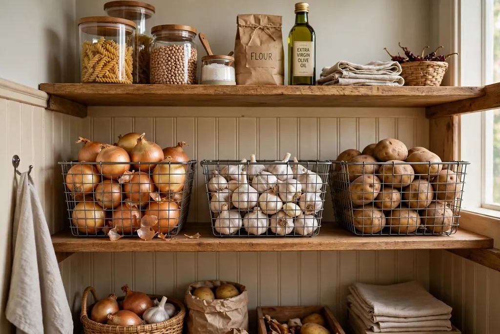 Produce pantry shelves with ventilated baskets holding onions, garlic, and potatoes.