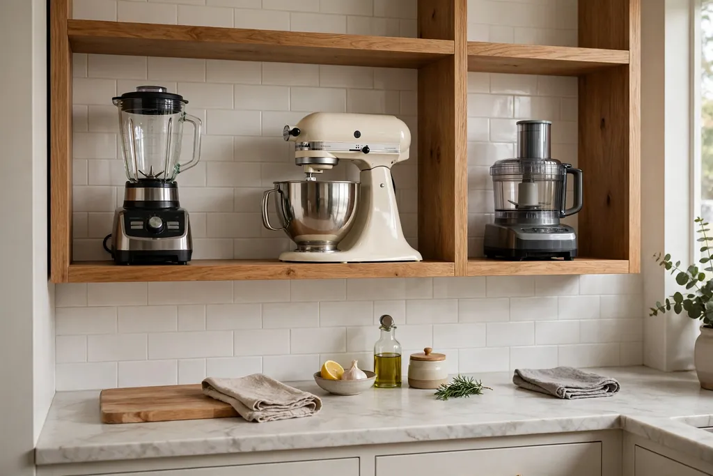 Small appliance shelves in a kitchen holding a blender, mixer, and food processor.