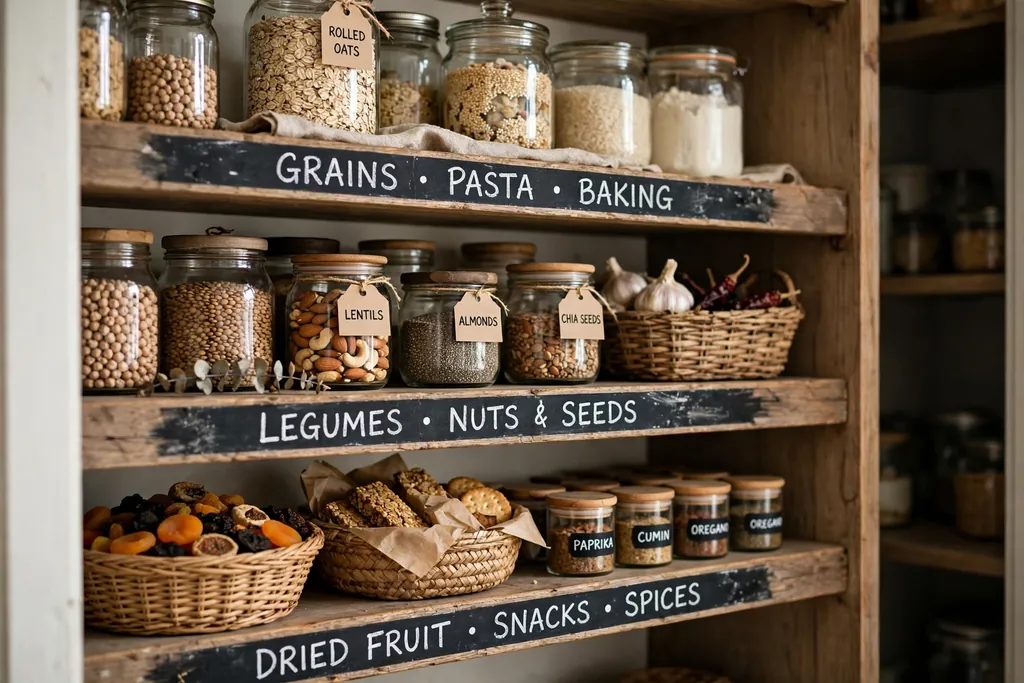 Pantry shelf edge with a chalk label strip naming each food group.