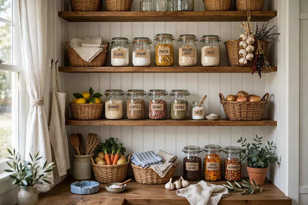 Farmhouse pantry shelves with beadboard backing holding jars and baskets.