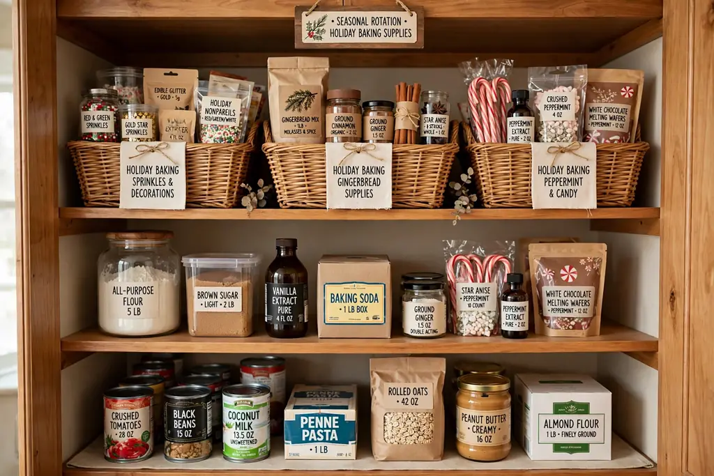 Top seasonal rotation pantry shelf holding labeled baskets of holiday baking supplies.