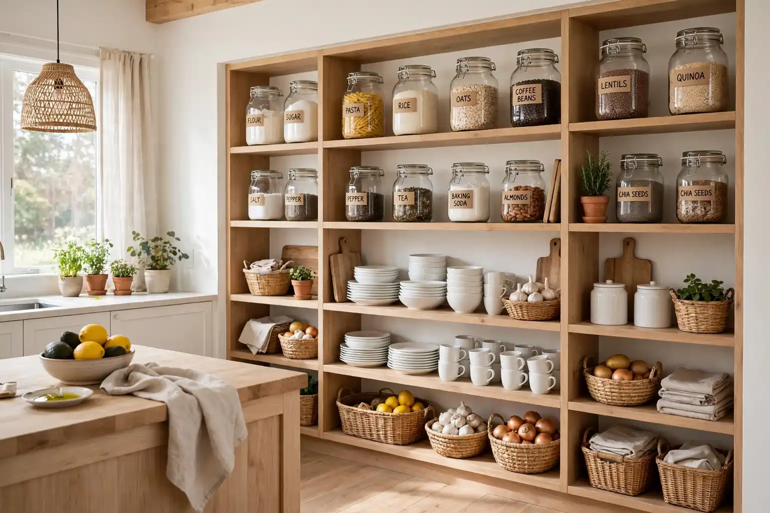 Wide bright kitchen with a full open shelving pantry wall, wood shelves, labeled glass jars, and soft daylight.