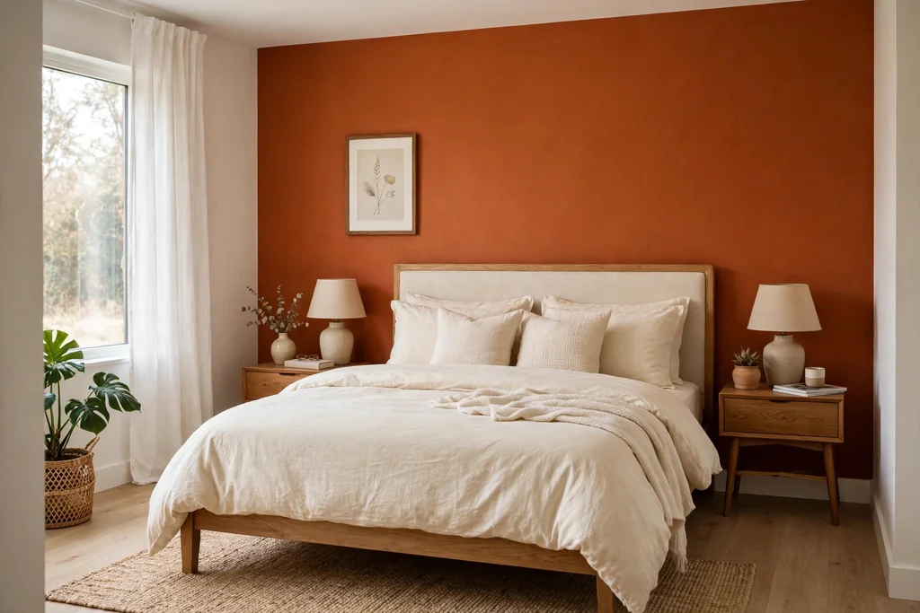 Bedroom with a burnt orange accent wall behind a bed with cream bedding.