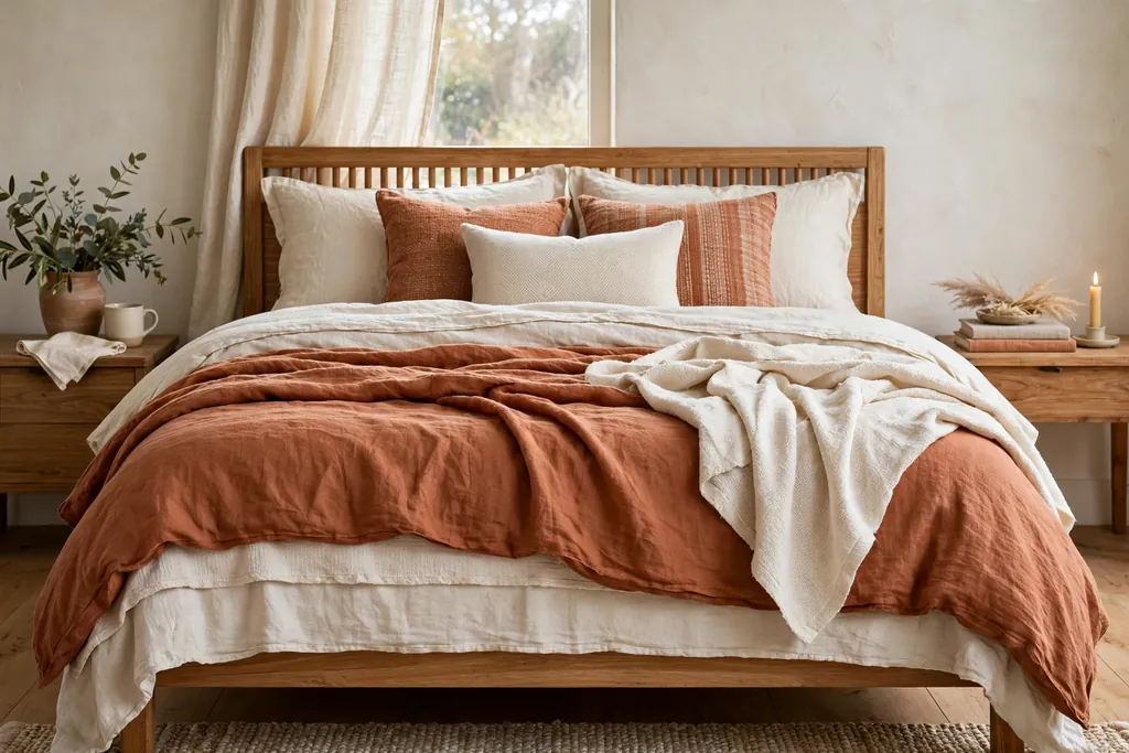Bed with layered terracotta and cream bedding in mixed linen and cotton textures.