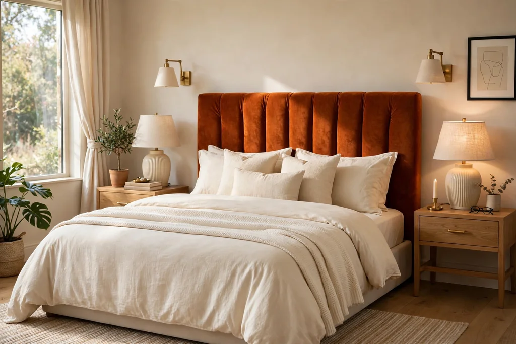 Bedroom with a burnt orange velvet headboard and cream bedding.