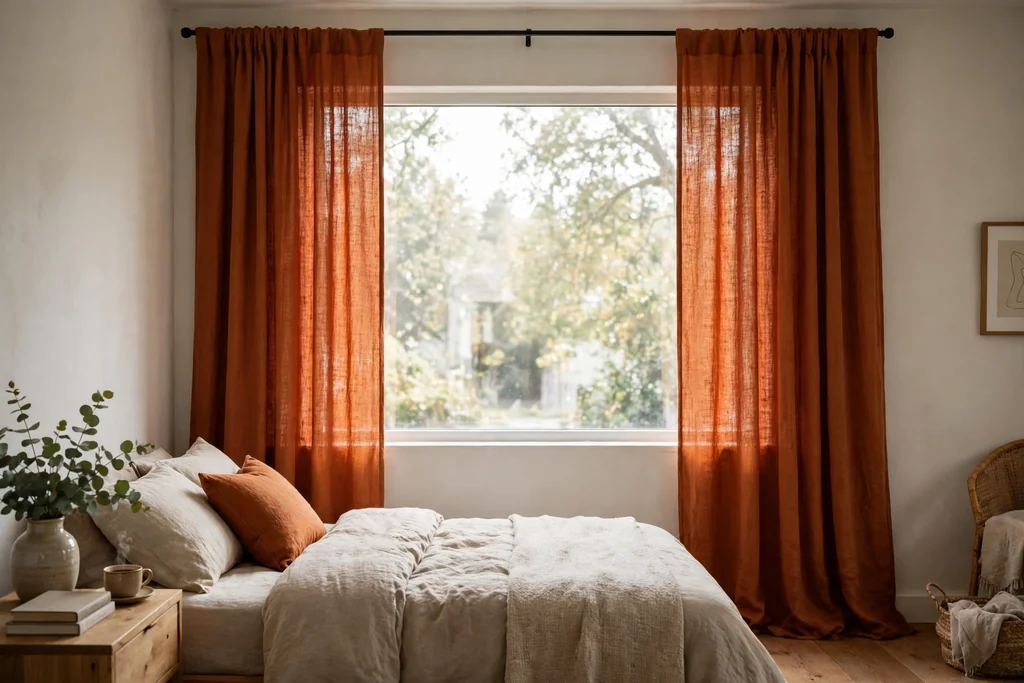 Bedroom window with rust orange linen curtains hung high and wide in soft daylight.