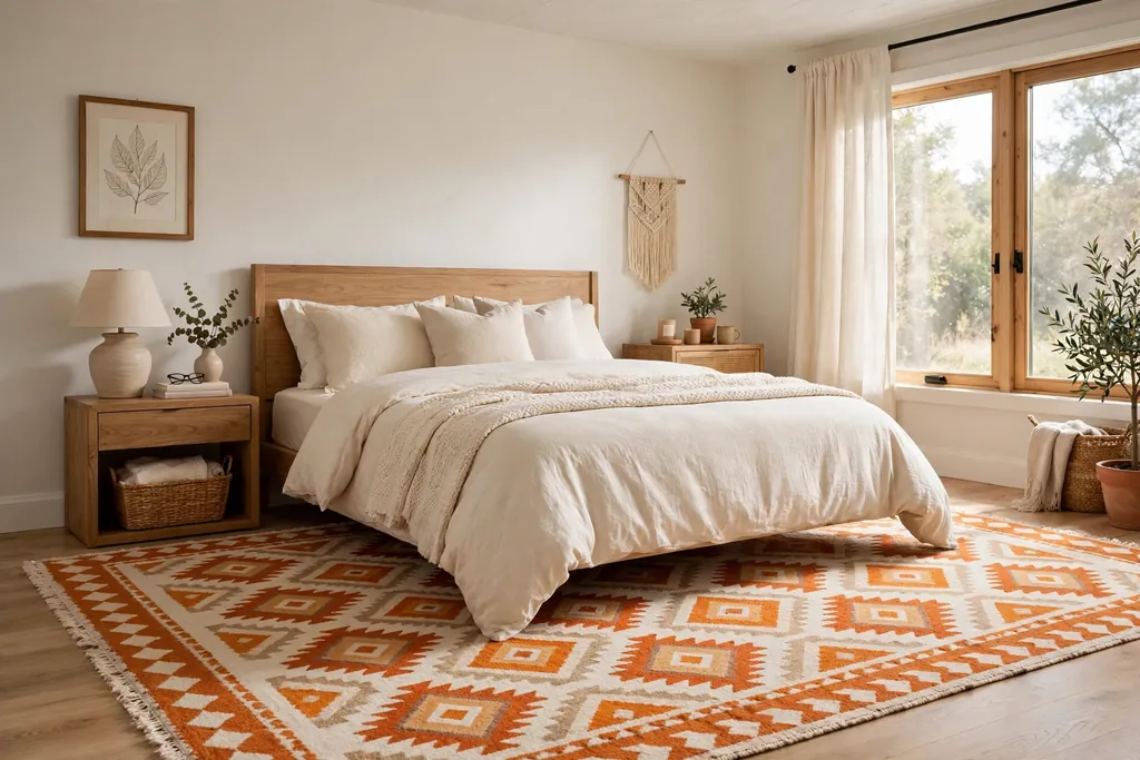 Bedroom with a large orange and cream rug under a bed with cream bedding.