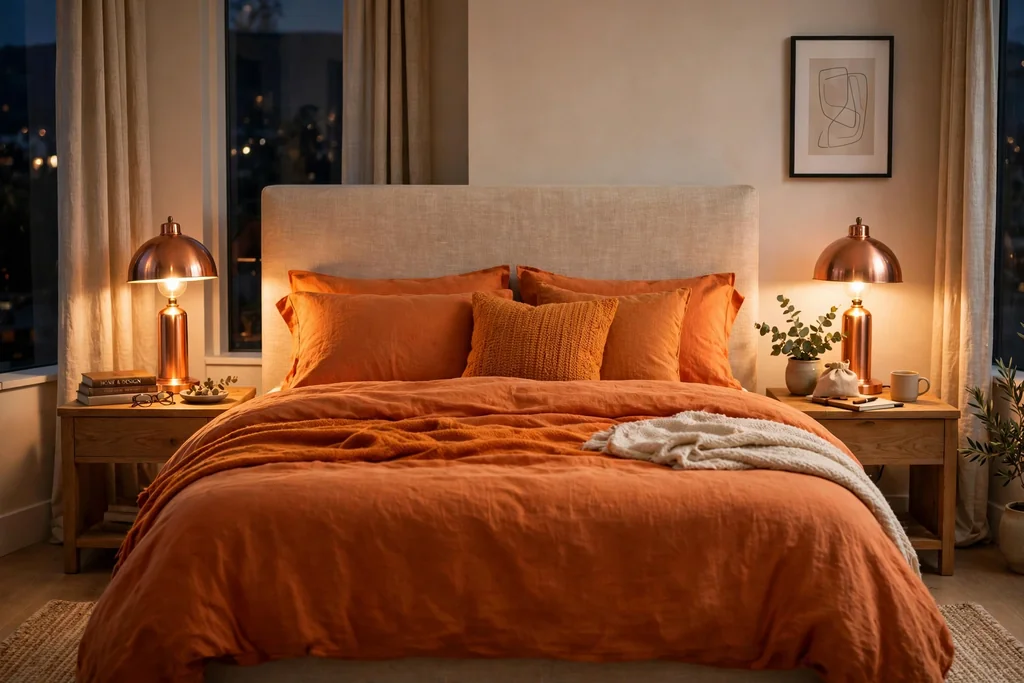 Bedroom with copper bedside lamps glowing beside a bed with orange bedding.