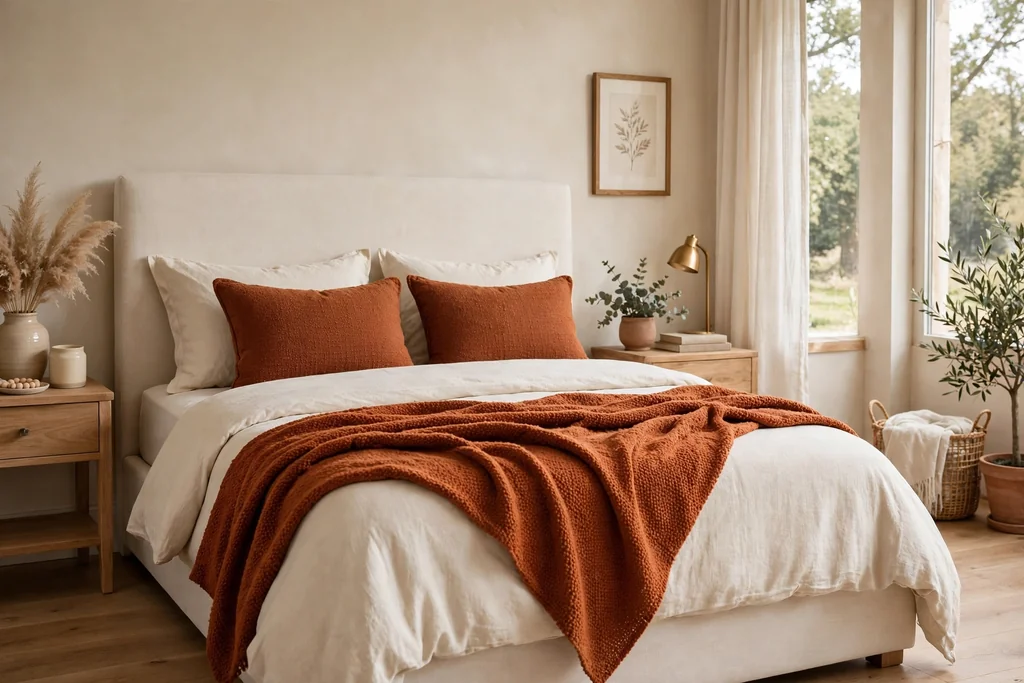 Neutral cream bed with a burnt orange throw and rust cushions.