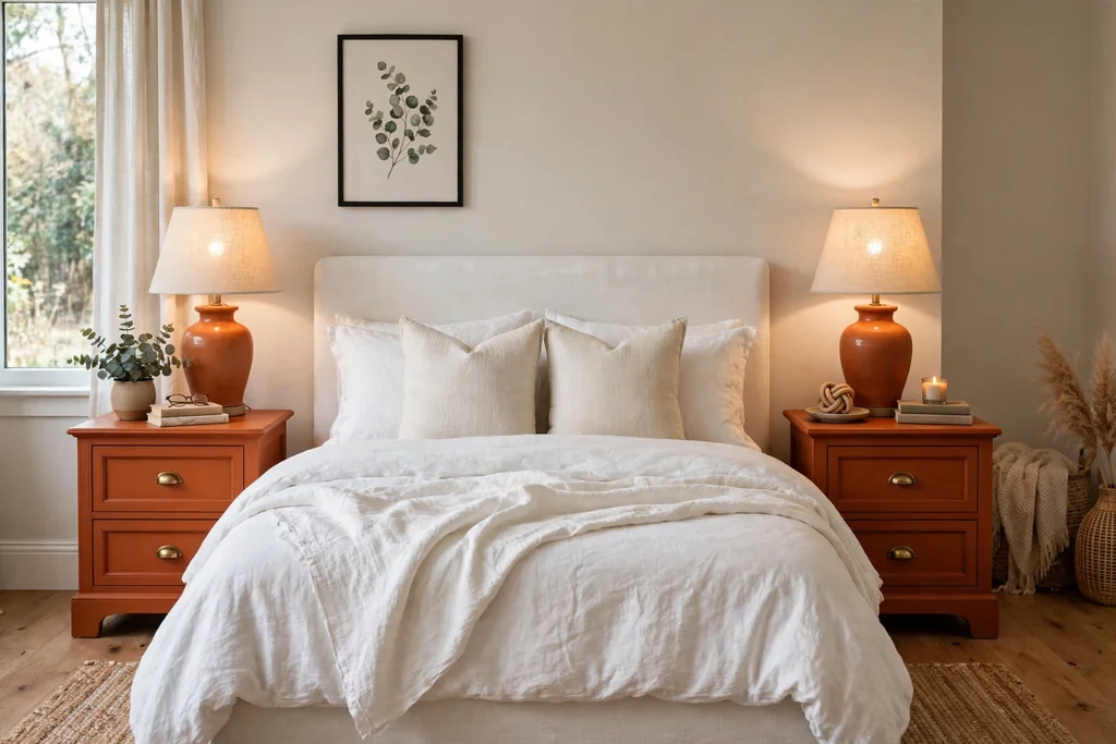 White bed flanked by two burnt orange painted nightstands with lamps.