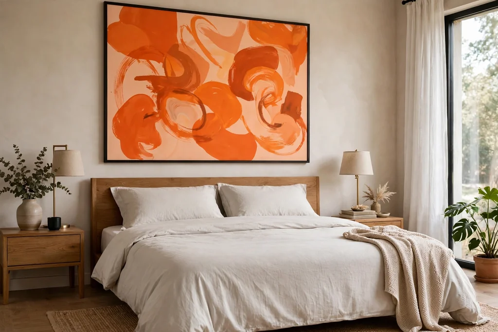 Bedroom with a large orange abstract print above a bed with plain bedding.