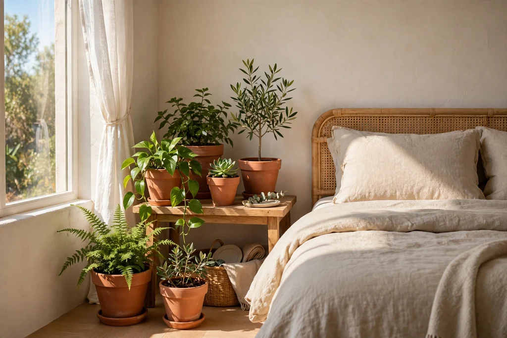 Sunny bedroom corner with terracotta pots and green plants beside a bed.