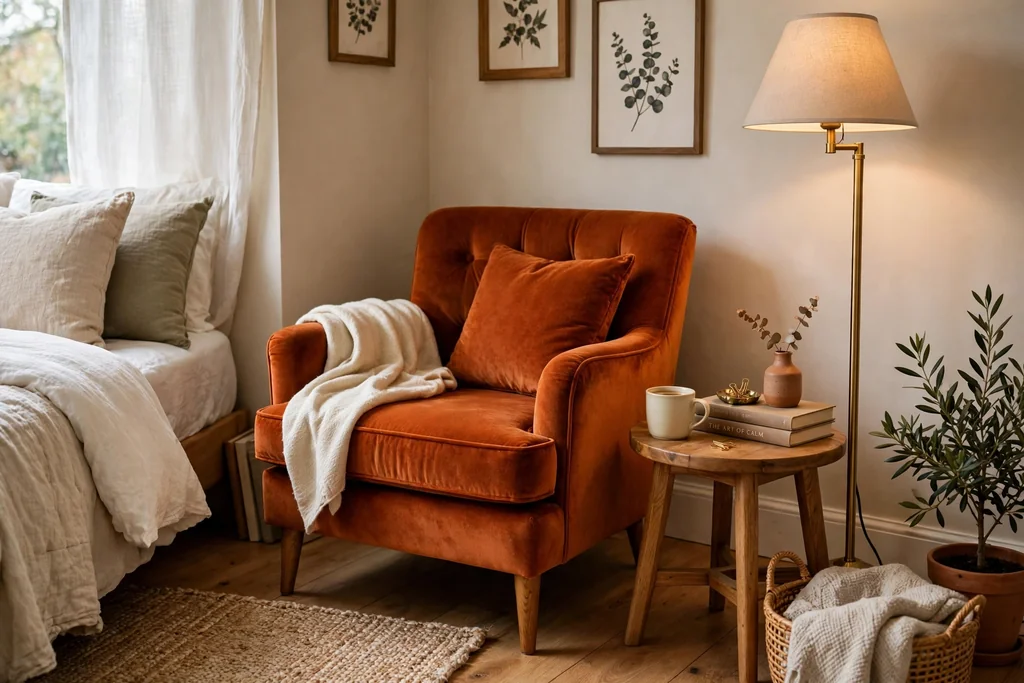 Bedroom corner with a burnt orange reading chair, side table, and floor lamp.