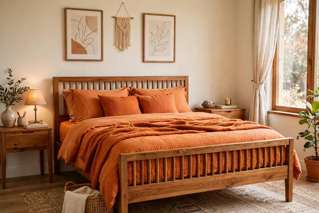Bedroom with a warm wood bed frame and orange bedding against cream walls.