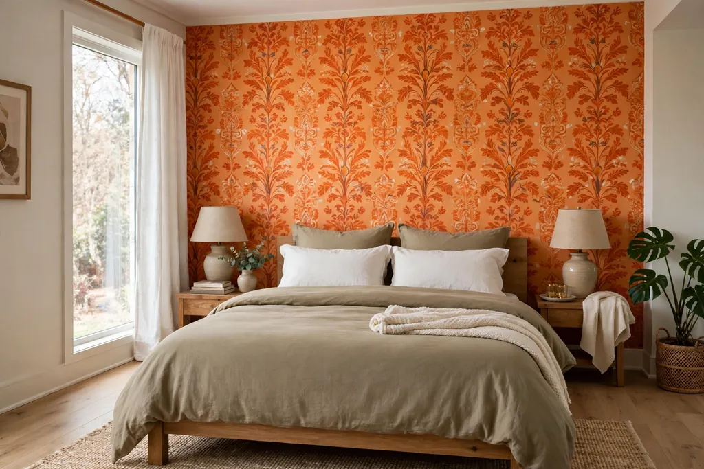 Bedroom with orange patterned wallpaper on the bed wall behind a bed with solid bedding.