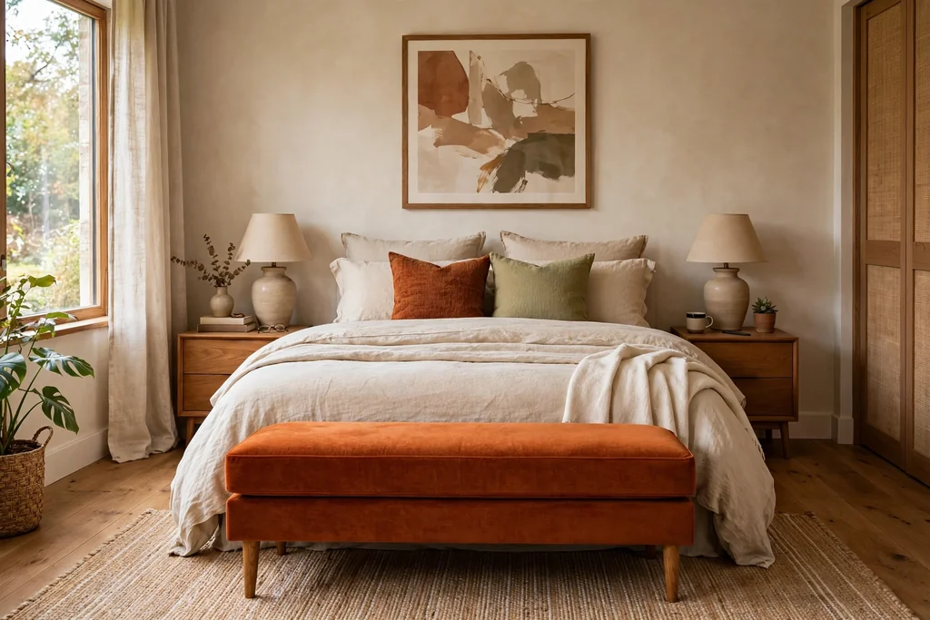Bedroom with a burnt orange fabric bench at the foot of a bed.