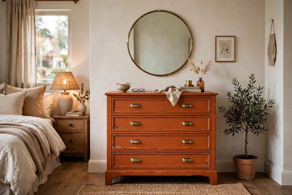 Bedroom with a burnt orange painted dresser, brass handles, and a mirror above it.