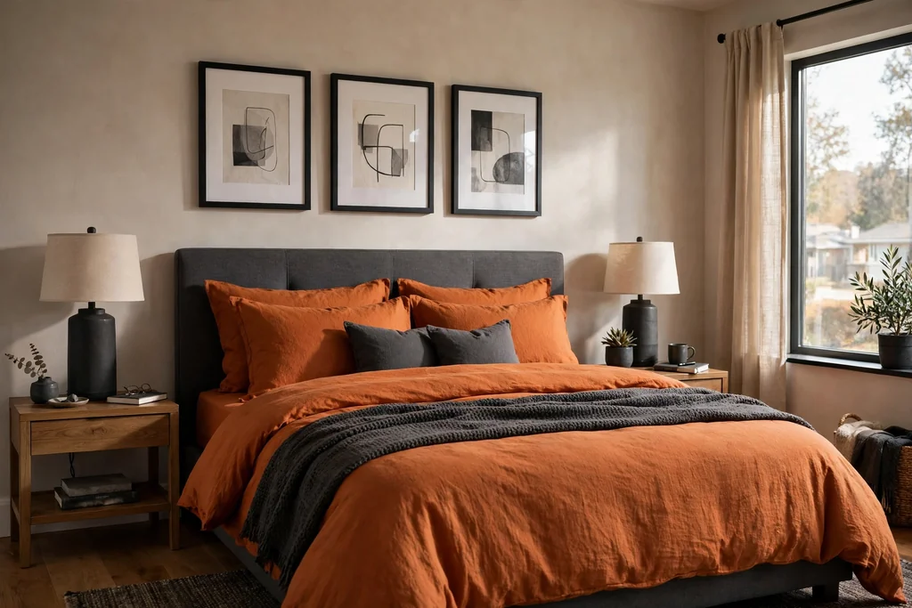 Bedroom with burnt orange bedding and charcoal accents in frames and a lamp base.