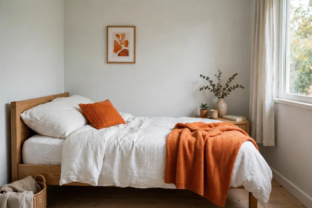 Small bedroom with pale walls and three small orange accents, a cushion, a throw, and art.
