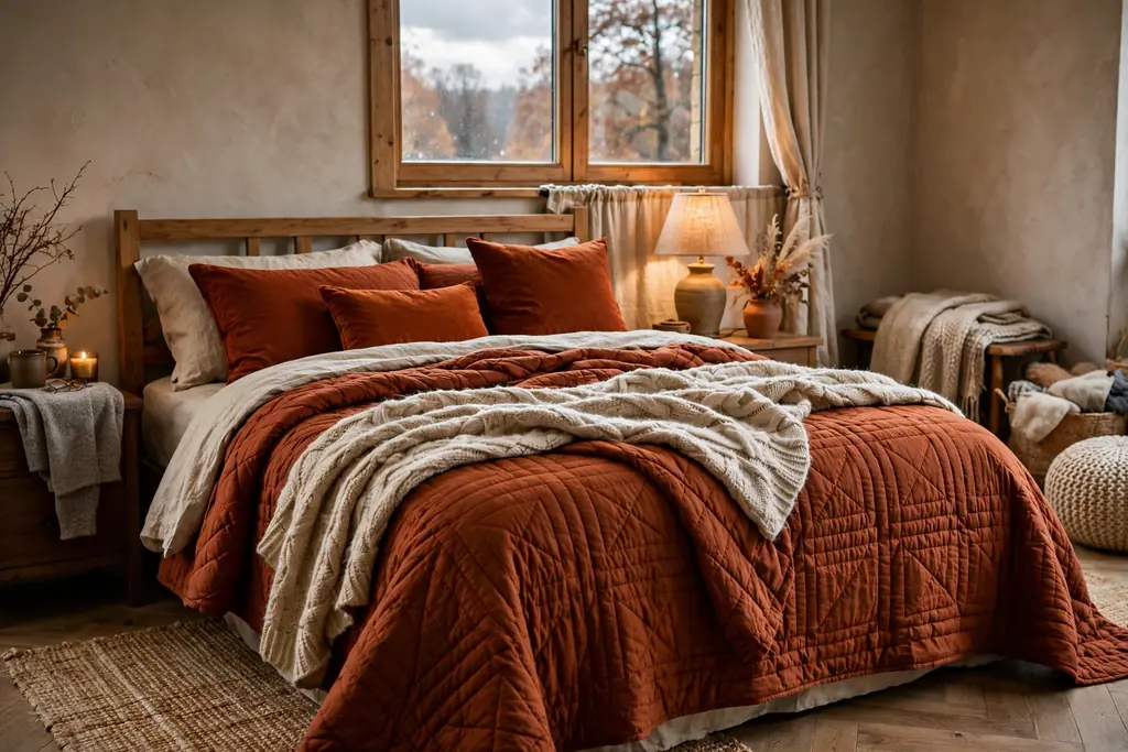 Bedroom with a heavy rust quilt, wool throw, and deep orange cushions for cooler months.