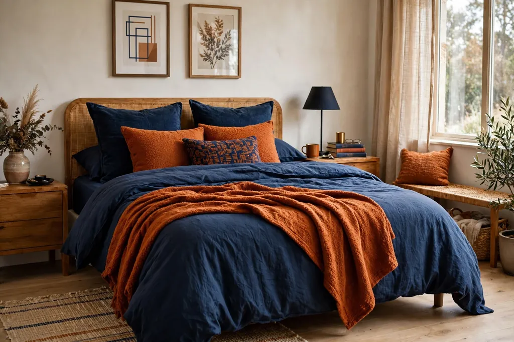 Bedroom with burnt orange and navy bedding, cushions, and a throw.