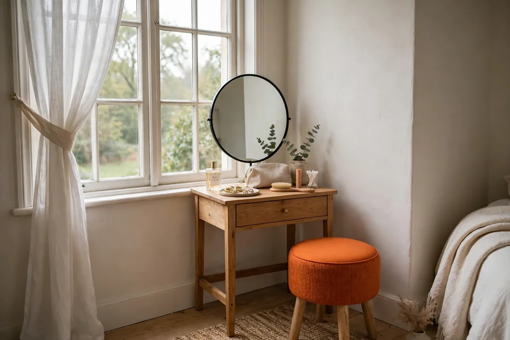 Bedroom window corner with a small vanity table, mirror, and orange stool.