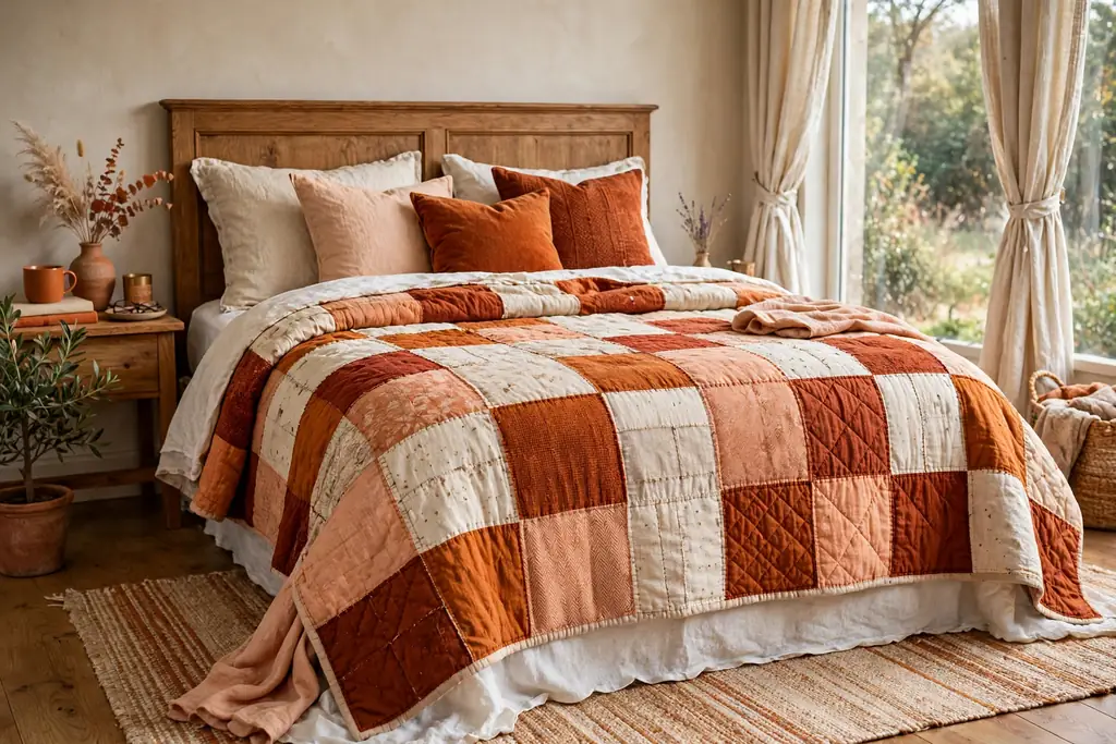Bed with an orange patchwork quilt in burnt orange, peach, cream, and rust blocks.