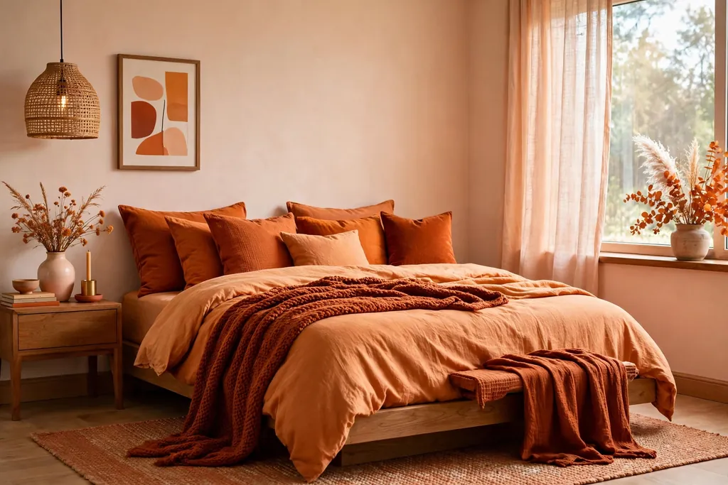 Bedroom in tone on tone orange from pale peach walls to deep rust cushions and throw.