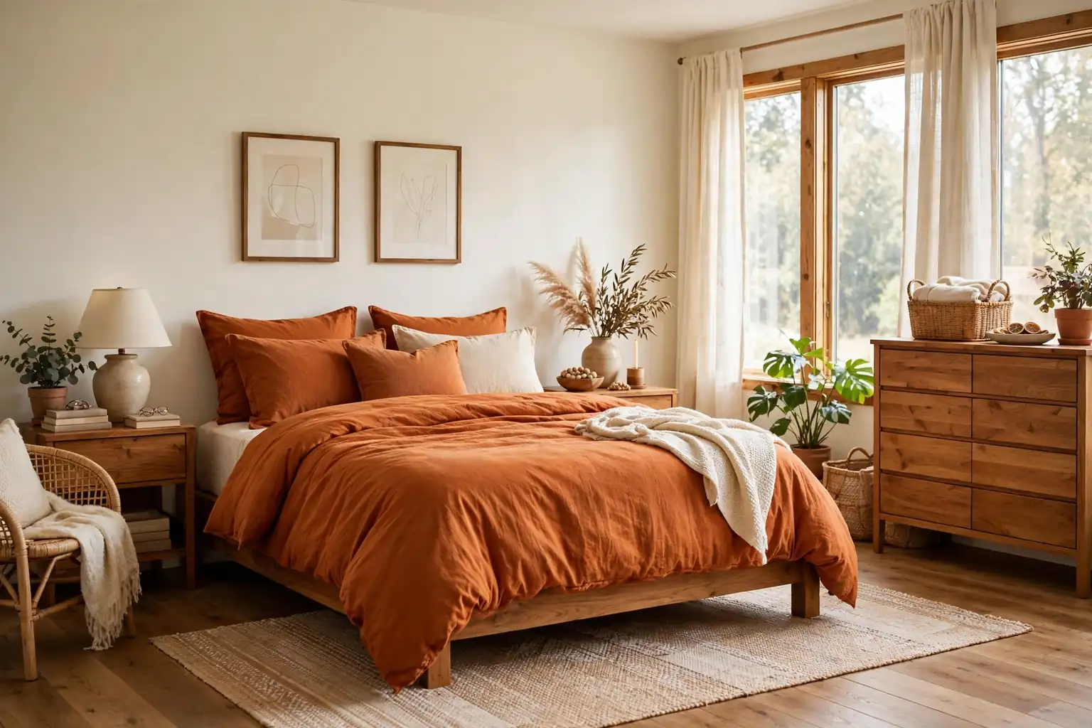Wide warm bedroom with burnt orange bedding, cream walls, wood furniture, and soft daylight.