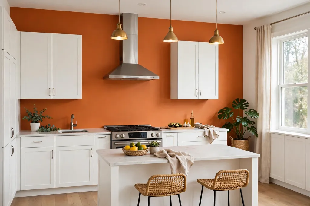 Kitchen with one orange accent wall and plain white cabinets.