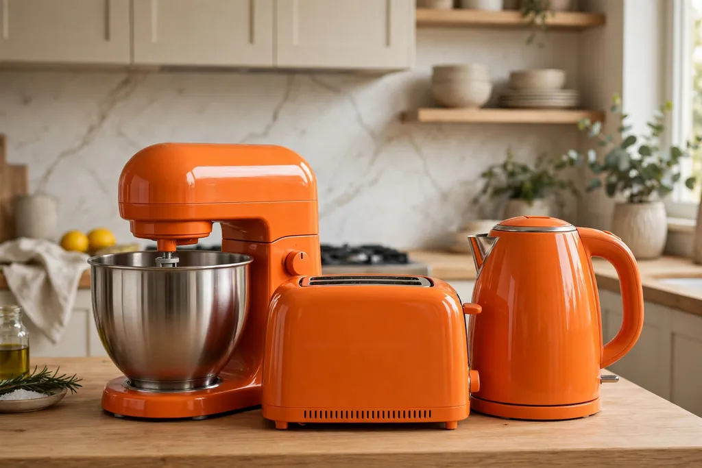 Orange kettle and toaster and stand mixer grouped on a kitchen counter.