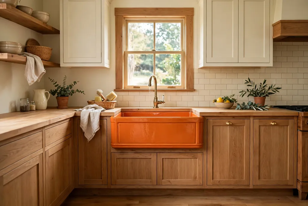 Orange apron front farmhouse sink in a wood and cream kitchen.