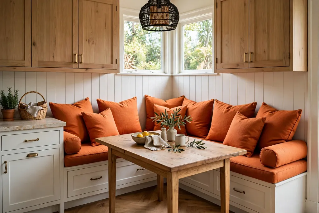 Orange banquette bench with cushions and a wood table in a kitchen corner nook.
