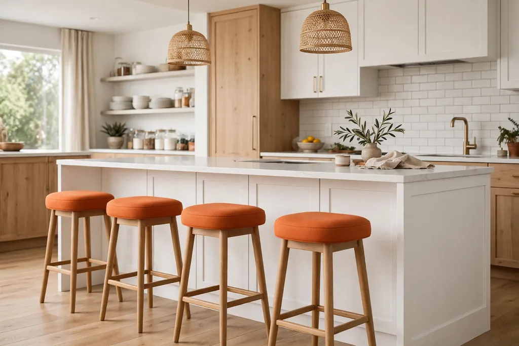Orange bar stools lined up at a white kitchen island.