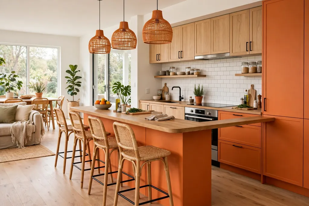 Orange breakfast bar peninsula with stools in an open plan kitchen.