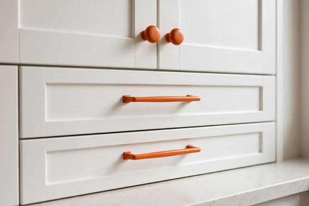 White kitchen cabinets fitted with orange pulls and knobs.
