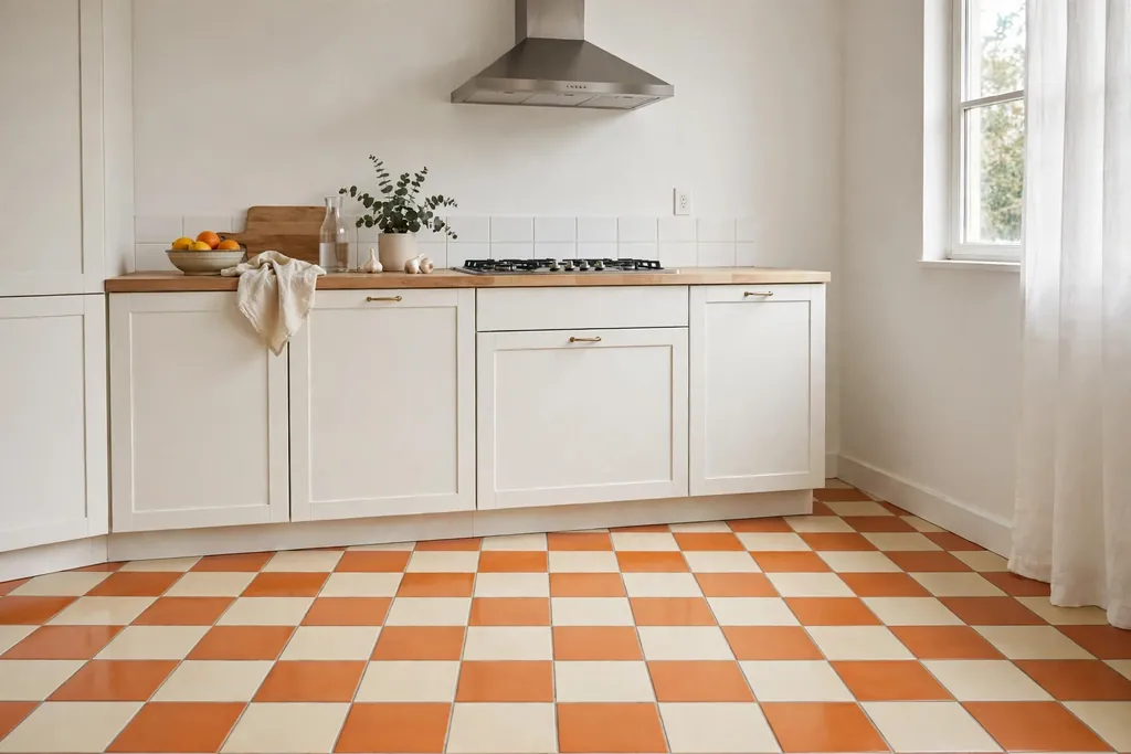 Orange and cream checkerboard floor tiles in a plain kitchen.