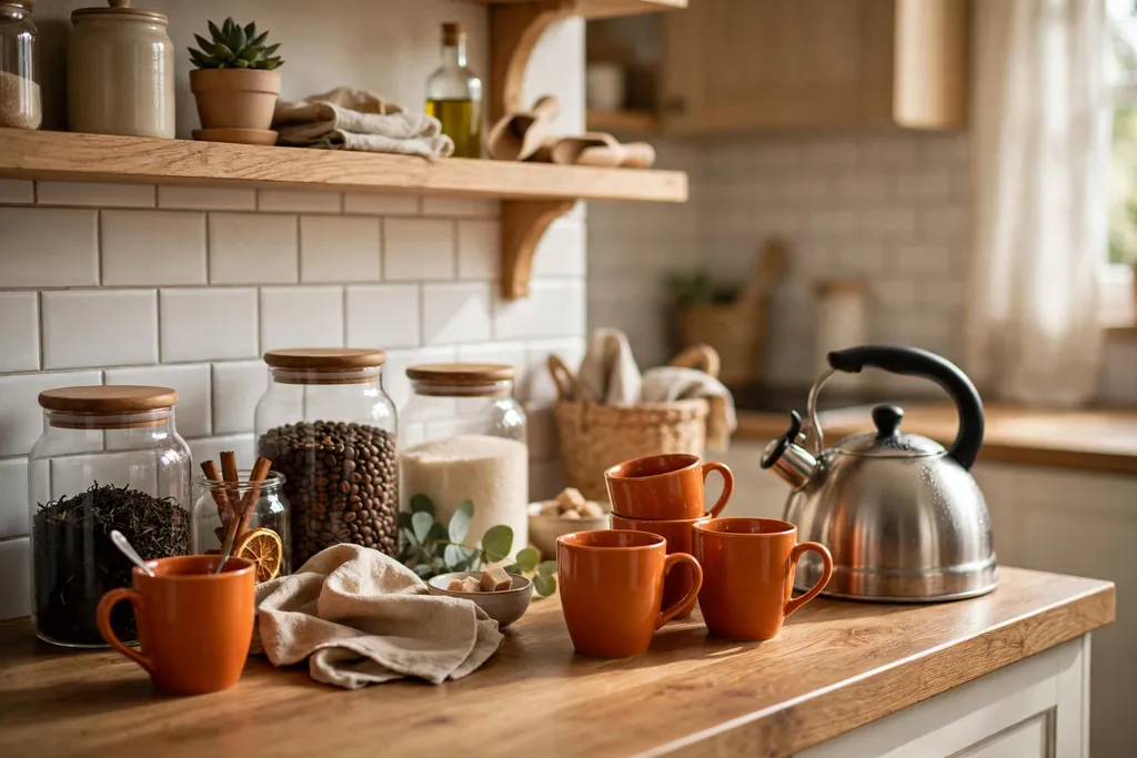 Tea and coffee station nook with orange mugs and jars and a kettle on a kitchen counter.