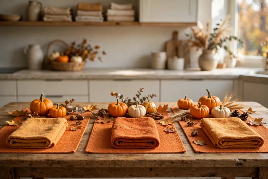 Kitchen table styled for fall with orange placemats and small pumpkins and warm towels.