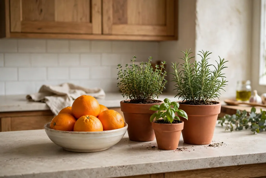 Kitchen counter with a bowl of oranges and terracotta herb pots.