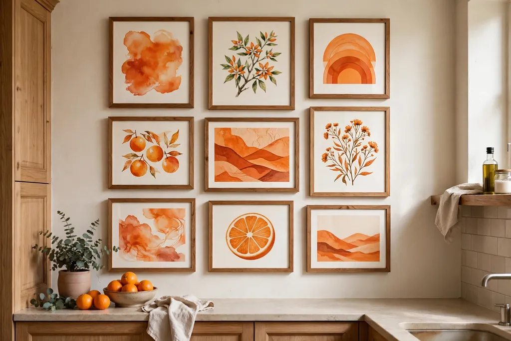 Gallery wall of orange art prints in wood frames on a kitchen wall.
